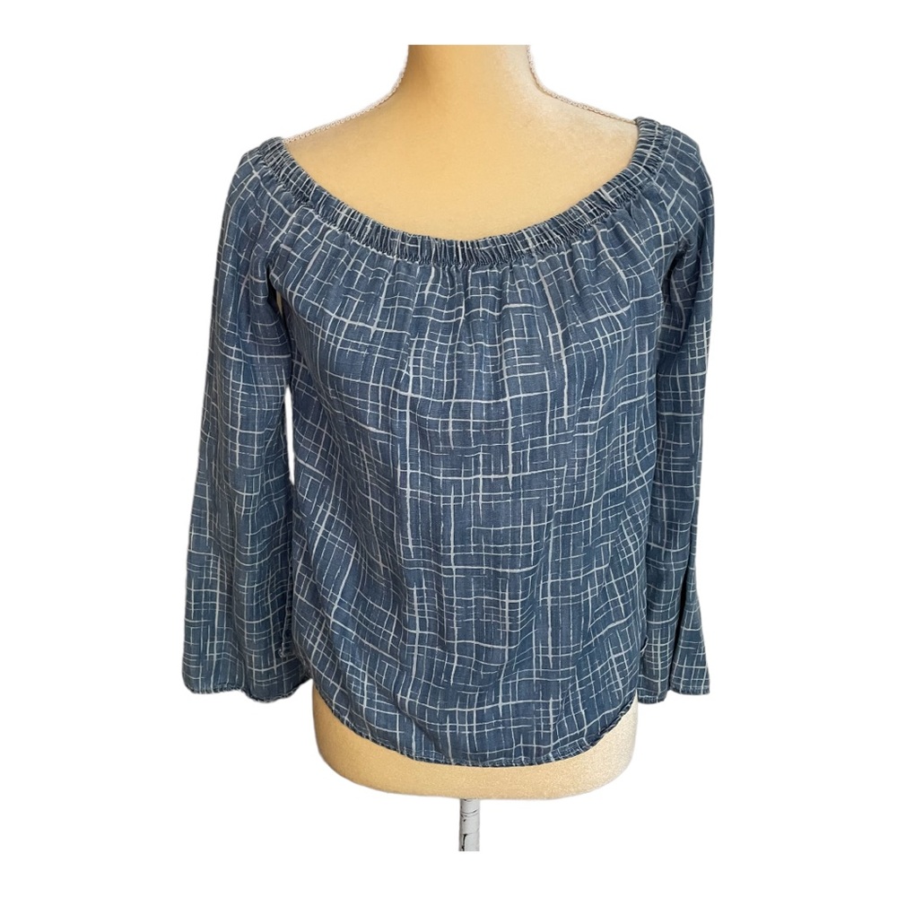 Cloth & Stone Chambray‎ Grid Blue Off The Shoulder Top Size XS